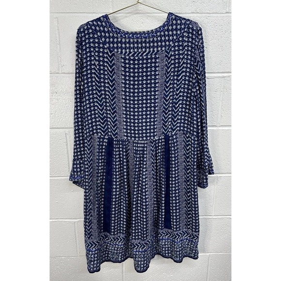 Anthropologie Akemi + Kin Motif Dress Blue Bohemian V Neck Flare Sleeve / Large - Picture 5 of 8